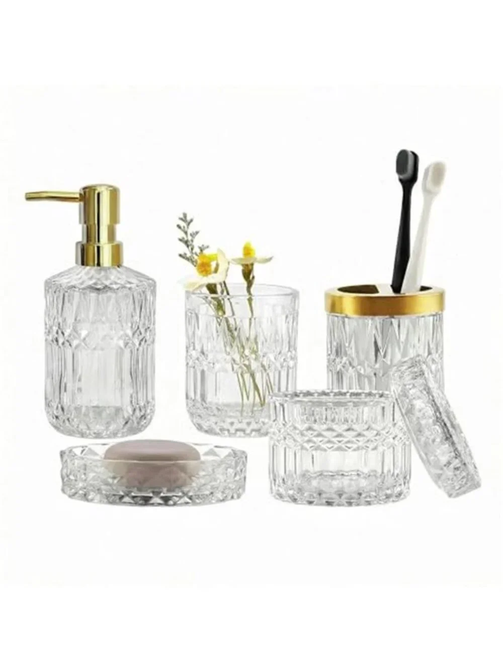 Clear Bathroom Accessories Set, 5pcs Crystal Glass Bathroom Set
